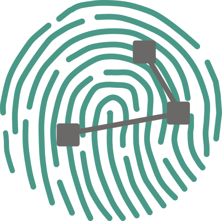 Logo that looks like a thumbprint with connected squares and lines on top of it