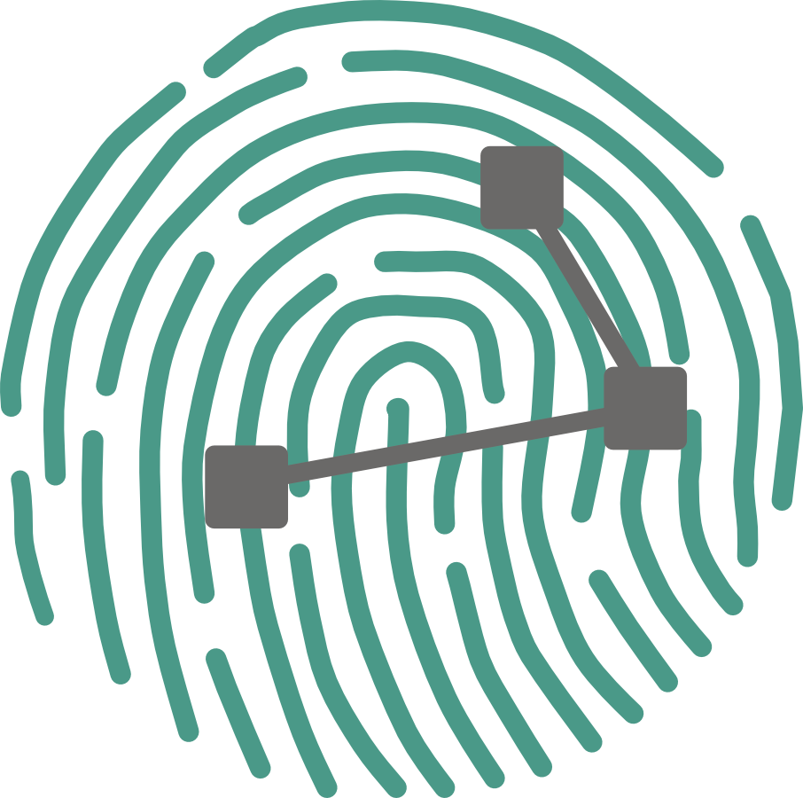 Logo that looks like a thumbprint with connected squares and lines on top of it
