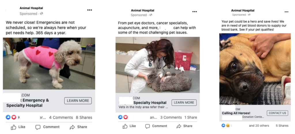 Three Facebook sponsored ad variations for an emergency animal hospital showcasing pet care messaging