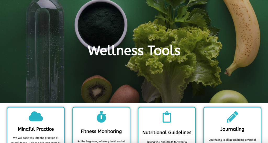 Various green and yellow vegetables and fruit acts as a hero image for a wellness tools website page
